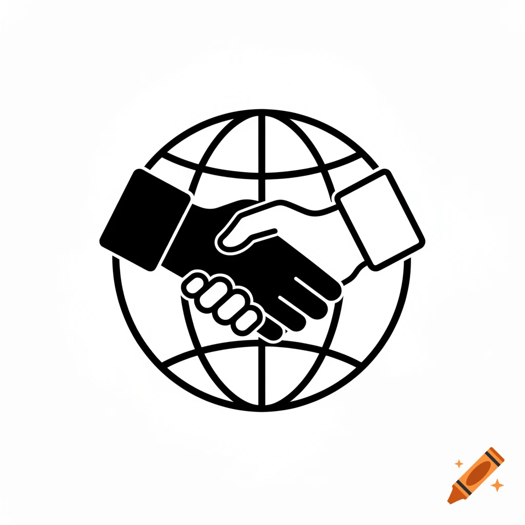 A black and white mono icon depicting two hands shaking over a globe, symbolizing a global treaty or partnership.