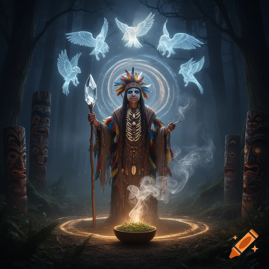 A shaman in a feathered headdress and ornate robes performs a ritual in a dark, mystical forest, with glowing spirit birds and smoke.