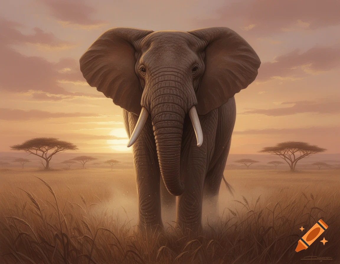 A majestic elephant stands in tall grass in a savanna at sunset, facing forward.