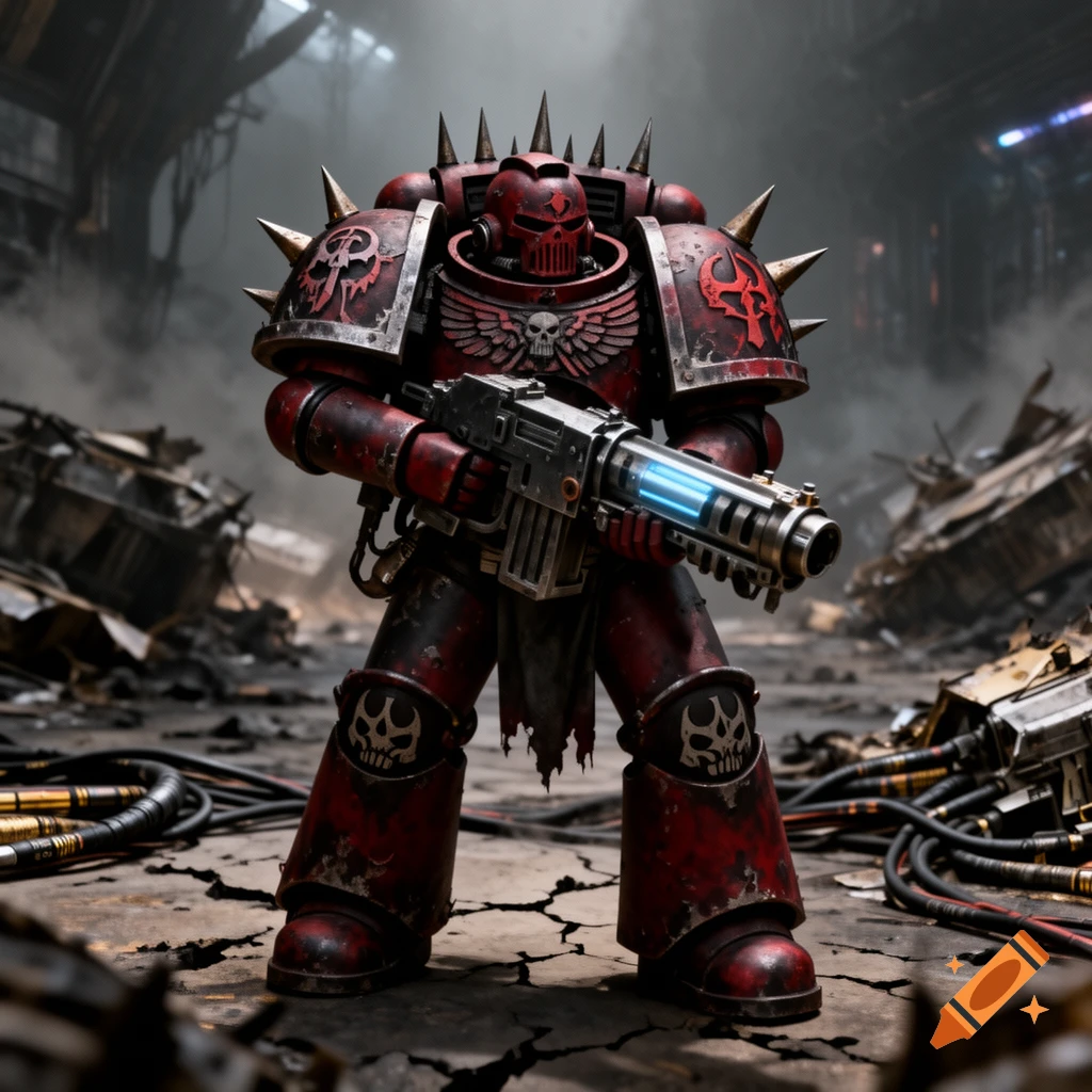 A red and black Chaos Space Marine in spiked power armor holds a weapon with a glowing blue barrel in a desolate, industrial setting.