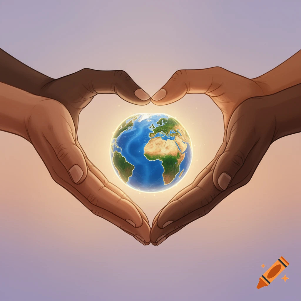 Two hands, one light and one dark, form a heart shape around a glowing Earth against a gradient sky.