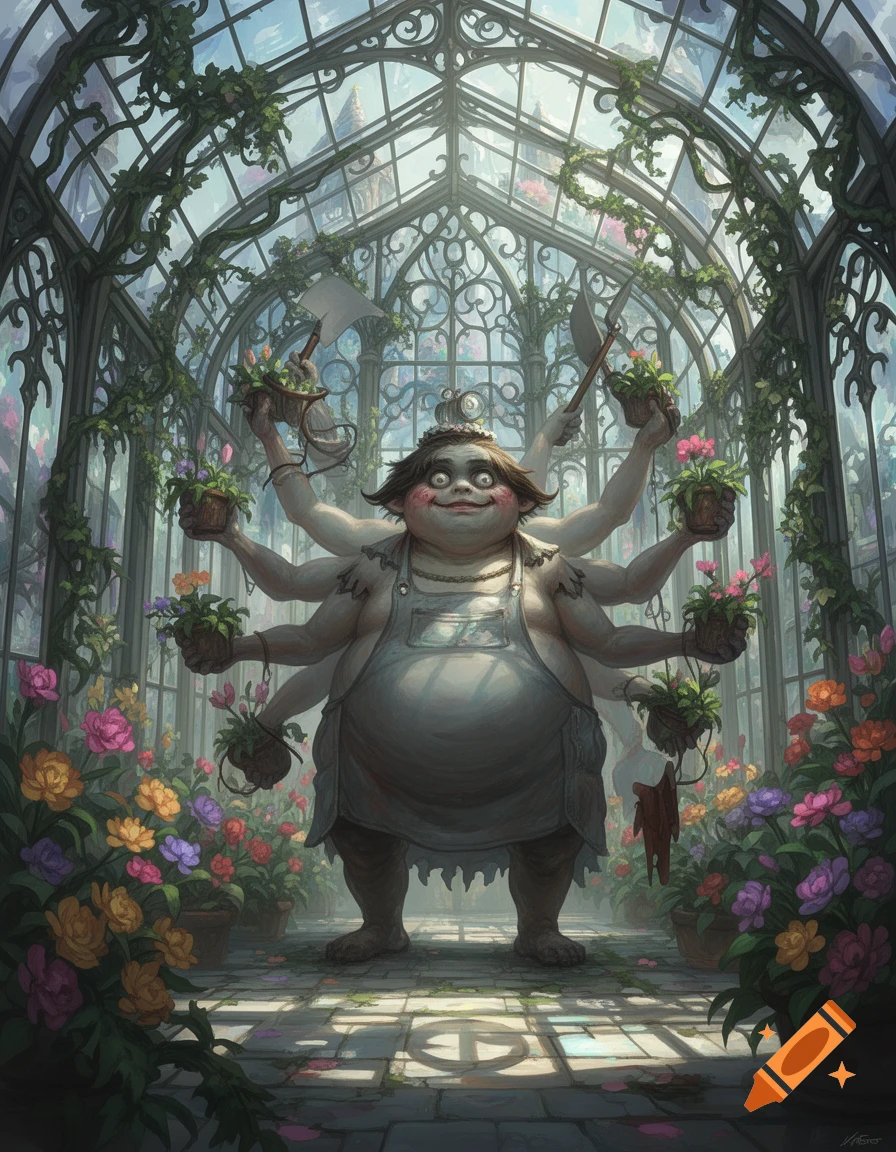 A grotesque, multi-armed, obese monster with a kind-looking face stands in an ornate greenhouse filled with vibrant flowers. The creature holds potted plants and gardening tools, framed by arching glass panes and climbing vines in a fantasy art style.