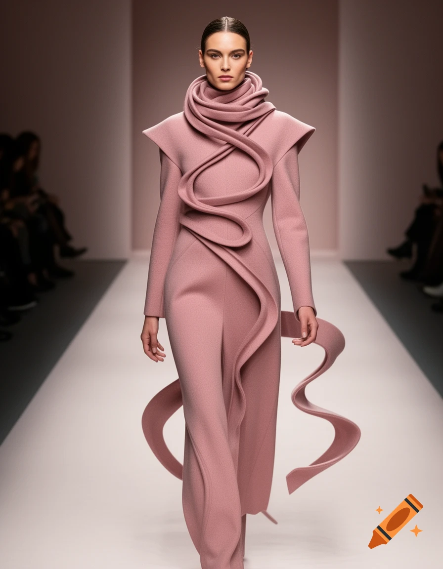 A fashion model walks a runway in a dusty pink, sculptural high-fashion coat with a dramatic, flowing integrated scarf element.