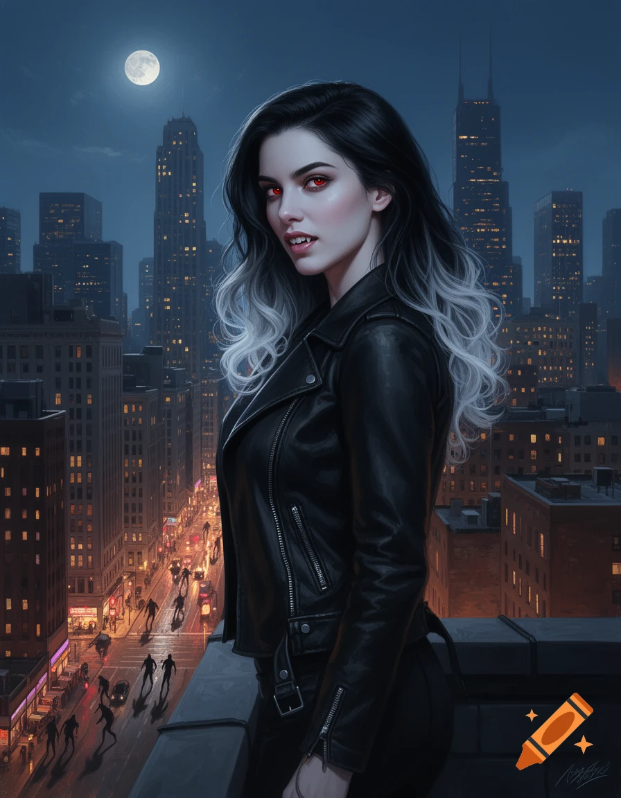 A vampire woman with red eyes and black and white hair stands on a city rooftop at night, a full moon and skyscrapers in the background.