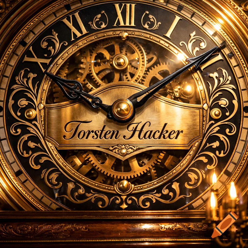Close-up of an ornate golden clock face with Roman numerals, visible gears, and 'Torsten Hacker' engraved on a brass plate.