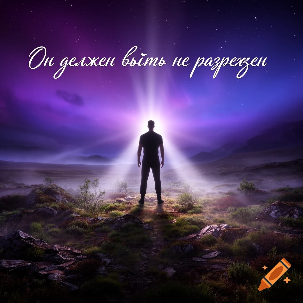 A silhouette of a person stands in a misty, rocky landscape under a starry purple sky, illuminated by a bright white light from above, with Russian text at the top.