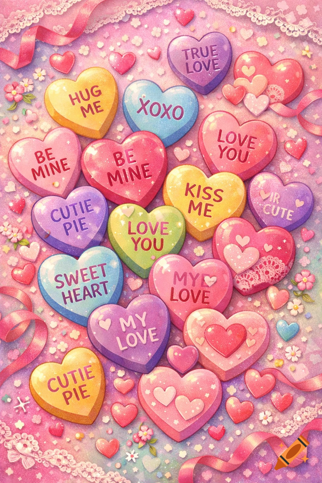 A vibrant Valentine's pattern featuring many colorful conversation hearts with romantic phrases, ribbons, and glitter details, in an illustrative style.