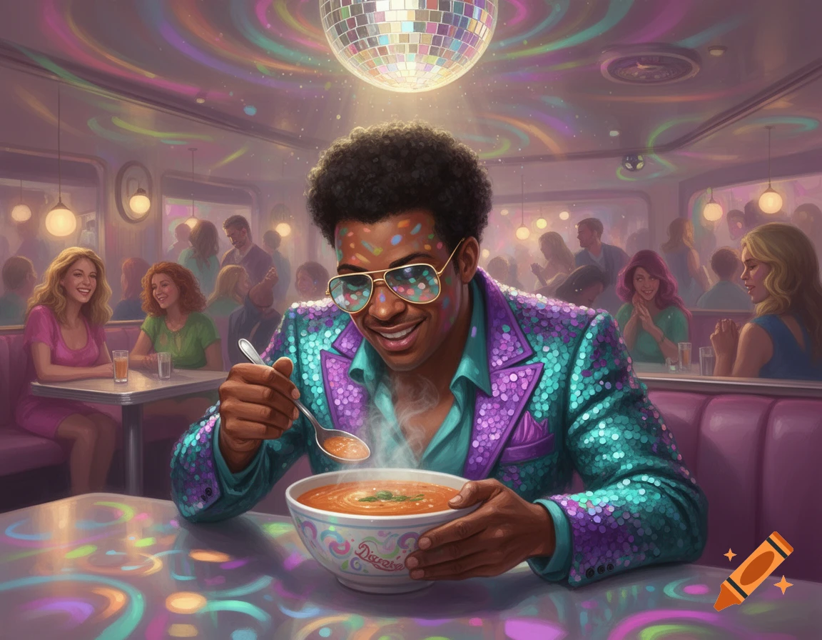 A smiling man in a sequined disco jacket and sunglasses eats soup under a disco ball in a colorful diner.