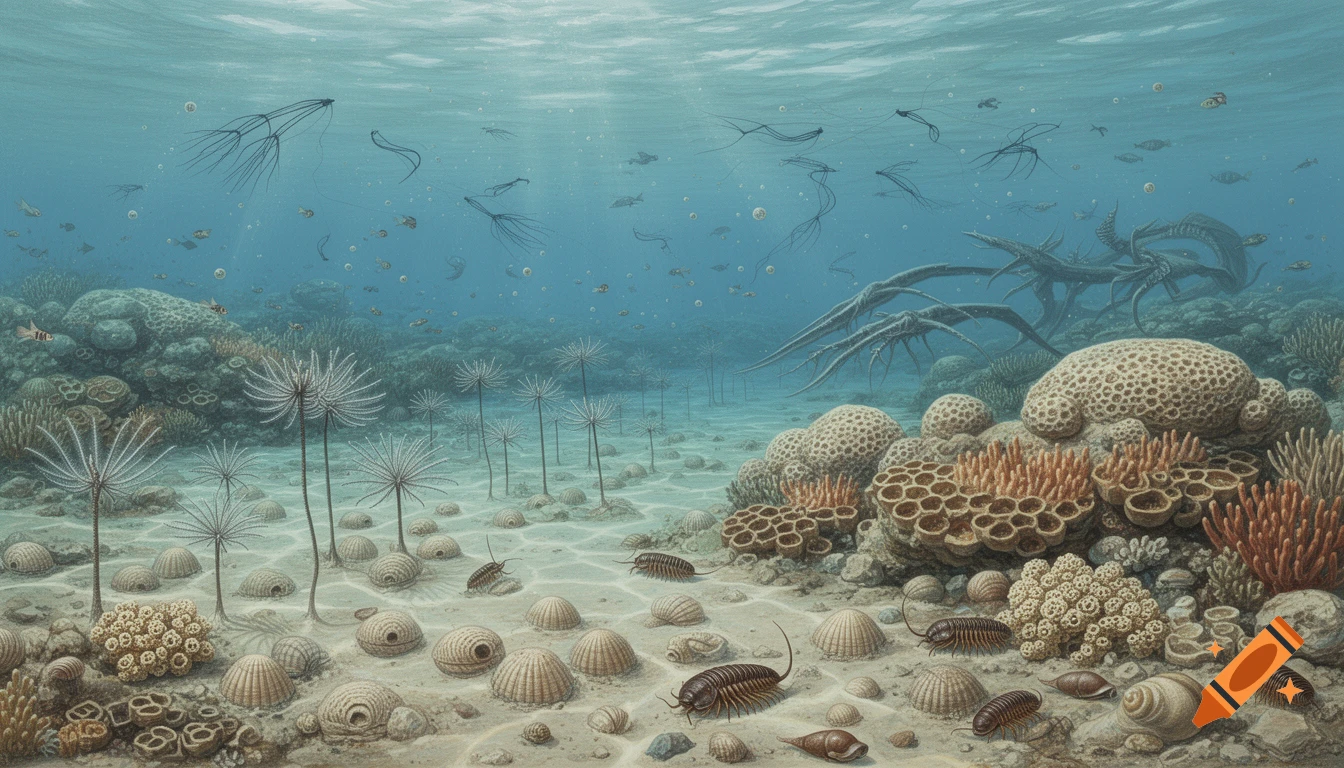 Ultra-detailed scientific illustration of an Ordovician shallow marine landscape with crinoids, trilobites, corals, and swimming arthropods.