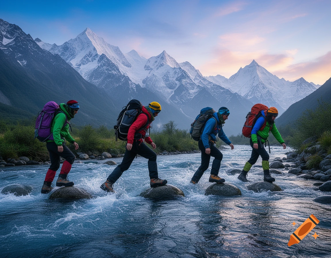Four hikers with colorful backpacks carefully cross a rocky mountain river, surrounded by majestic snow-capped peaks at sunset.