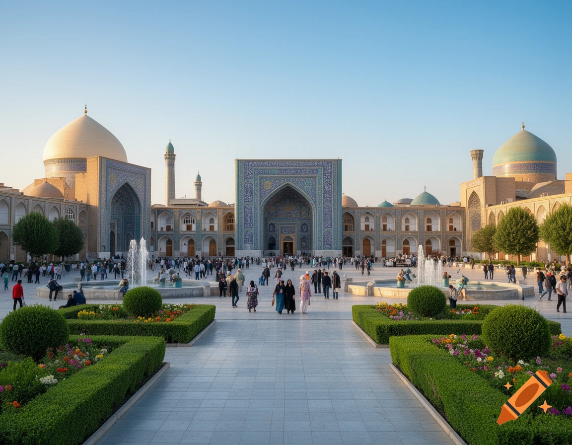 A wide view of Naqshe Jahan Square at sunset, featuring ornate Islamic architecture, fountains, gardens, and many people.