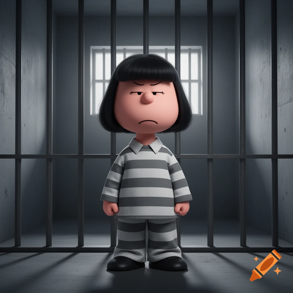 Angry Peanuts character Lucy in a striped prison uniform, behind bars in a stylized 3D prison cell.