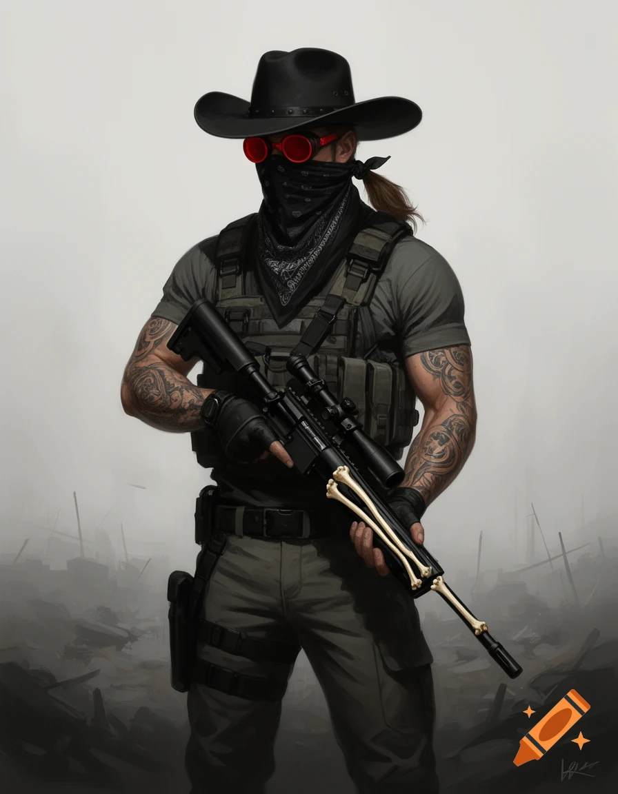 A tactical man with arm tattoos, a black cowboy hat, red goggles, and a bandana covering his face. He holds a sniper rifle adorned with bones.