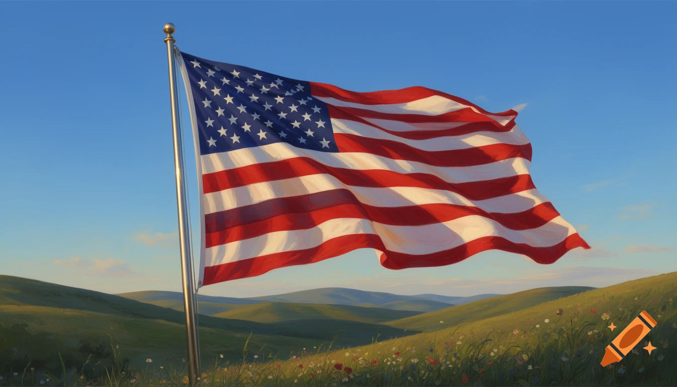 An American flag waves on a pole in a green, rolling field with wildflowers under a clear blue sky.