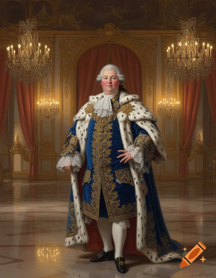 A portly man in a blue and gold royal robe with a white fur trim and a powdered wig stands in a grand, ornate palace ballroom with chandeliers.