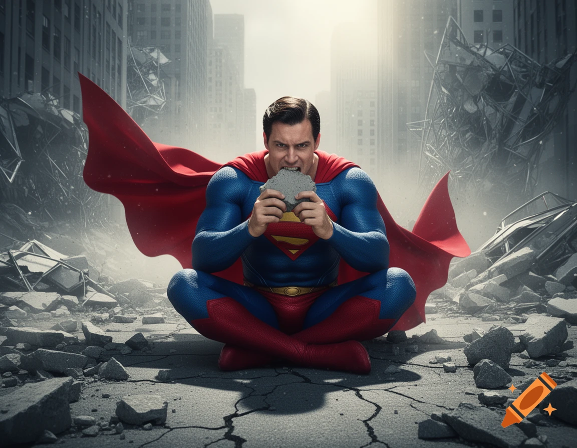 Superman sits cross-legged amidst a destroyed city, biting into a piece of concrete with a determined expression.