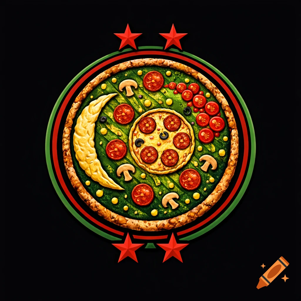 Stylized pizza in a logo, resembling the Nebra Sky Disk with pepperoni, mushrooms, a crescent, and red stars on black.