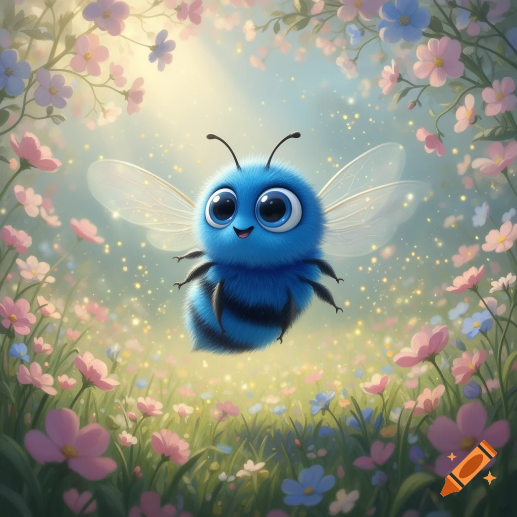 A super cute, fluffy blue bee with big googly eyes hovers in a field of pink and blue flowers, with sun rays shining down.
