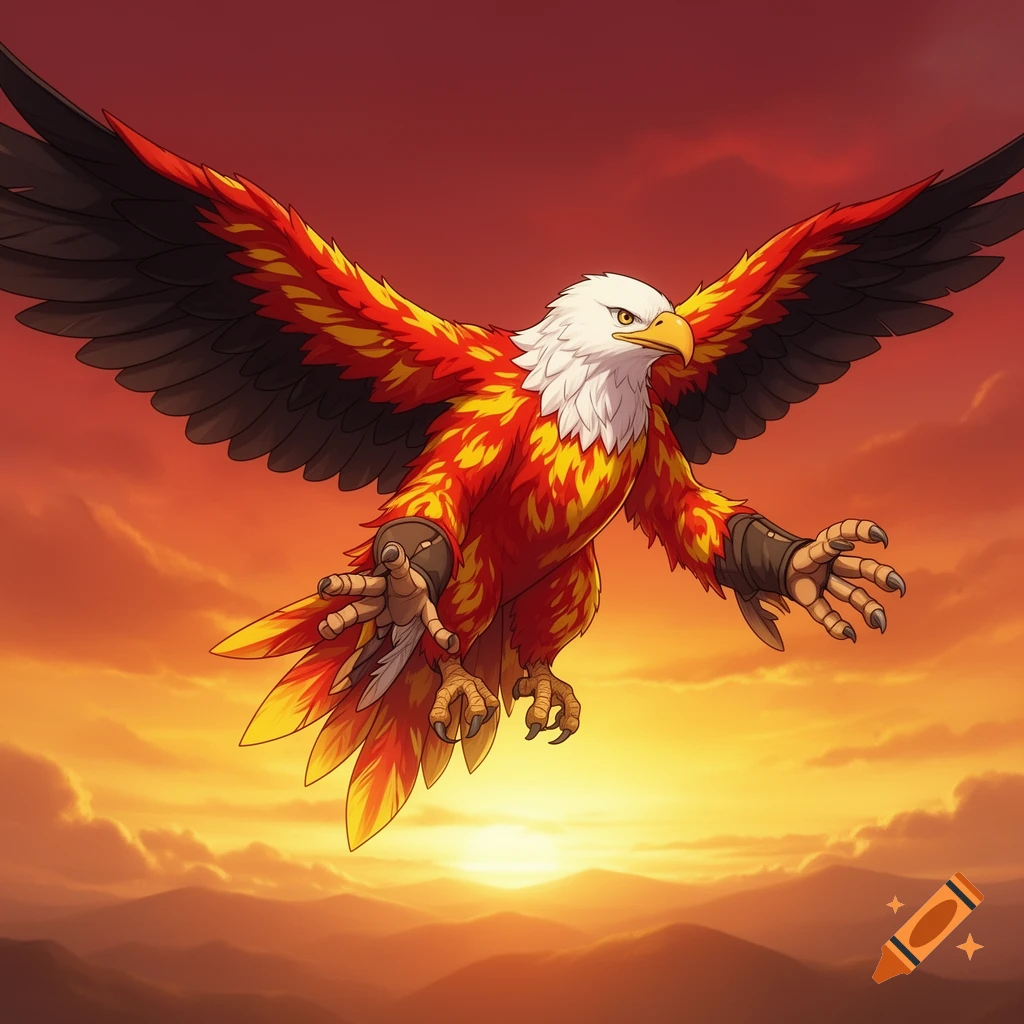 Anime-realistic fiery eagle with human-like hands on wings soaring through a vibrant sunset sky over mountains.