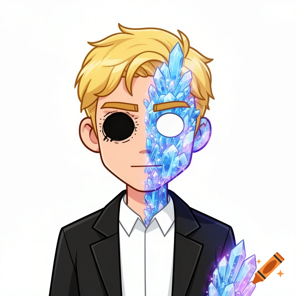 Cartoon blonde guy with half his face a black eye, the other half blue crystals with a white eye, wearing a black suit and white shirt.