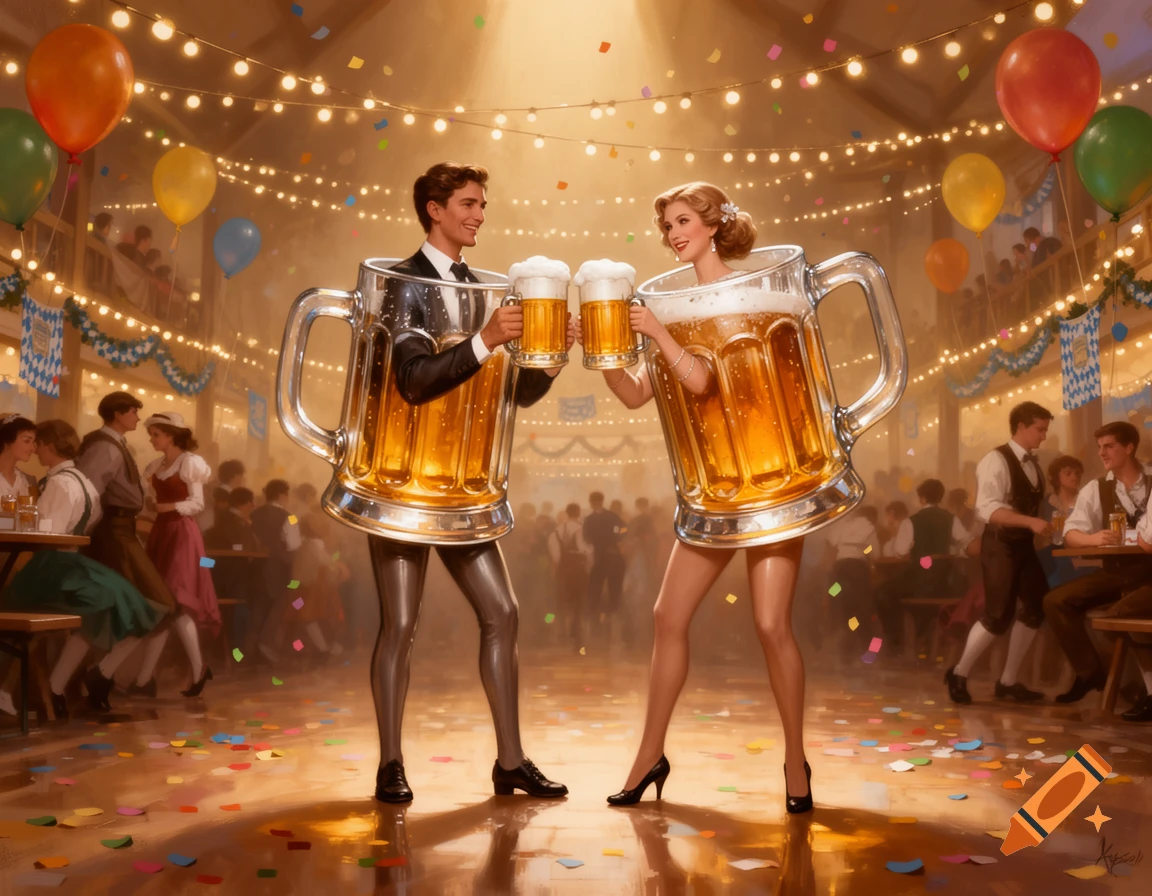 Two elegant people, a man and a woman, dressed as large beer mugs, toast with smaller mugs at a lively, decorated Oktoberfest-style party.
