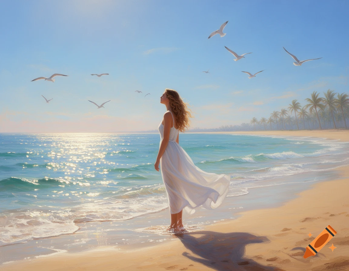 A woman in a white dress stands on a sunny beach, gazing at the ocean ...