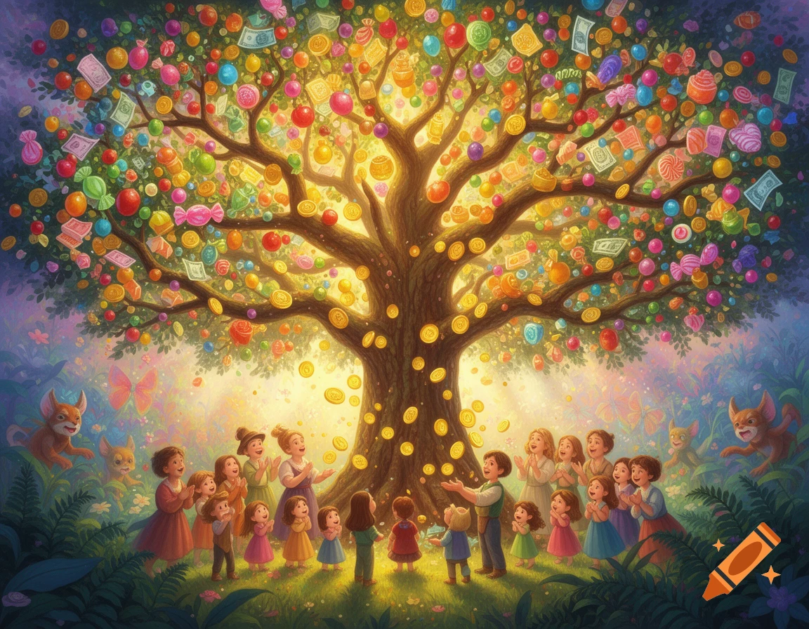 A whimsical illustration of a magical tree showering people with colorful candies, gold coins, and money, glowing in a lush landscape.