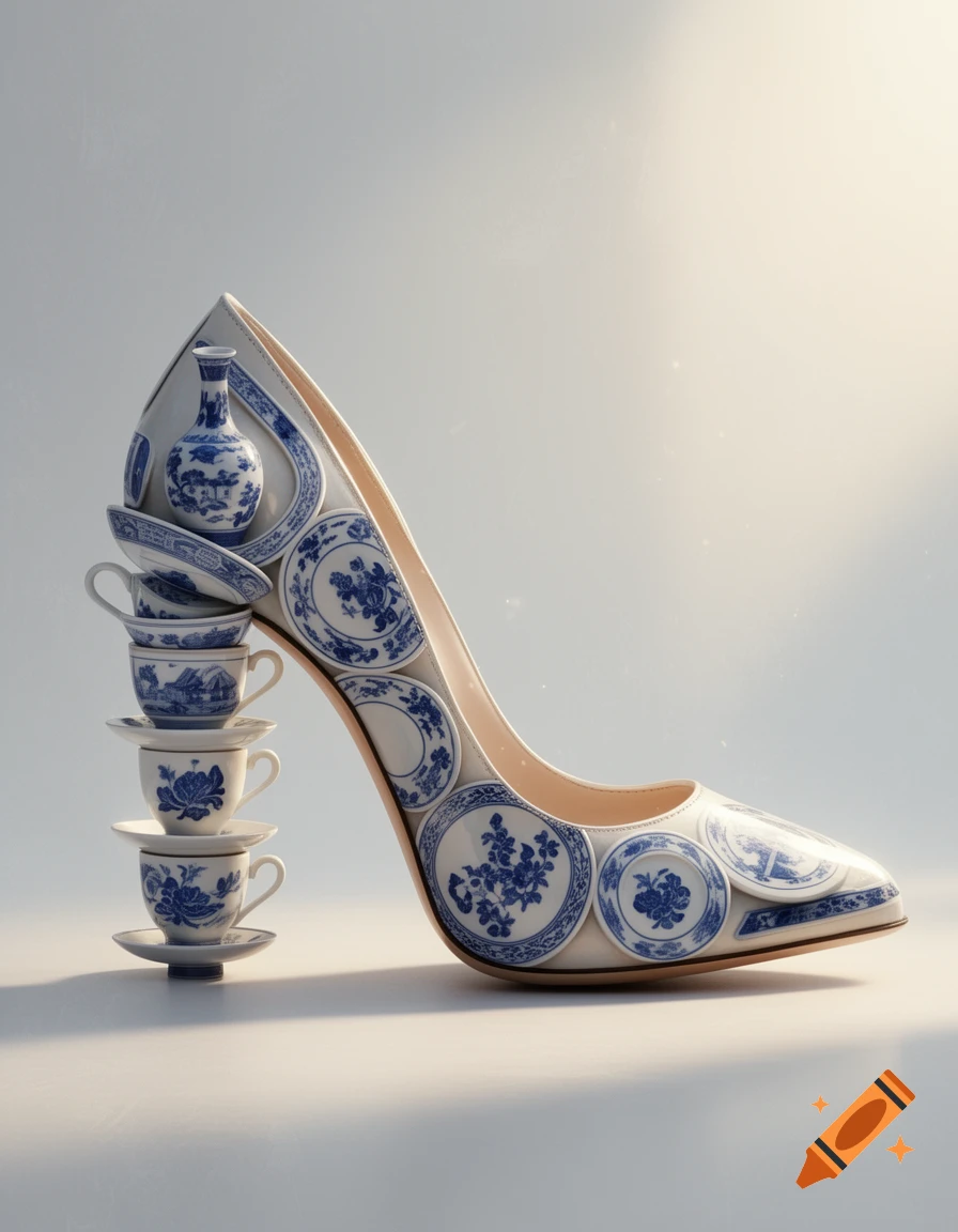 A white high-heeled shoe decorated with blue and white porcelain plates and patterns, featuring a heel made of stacked teacups and a small vase.