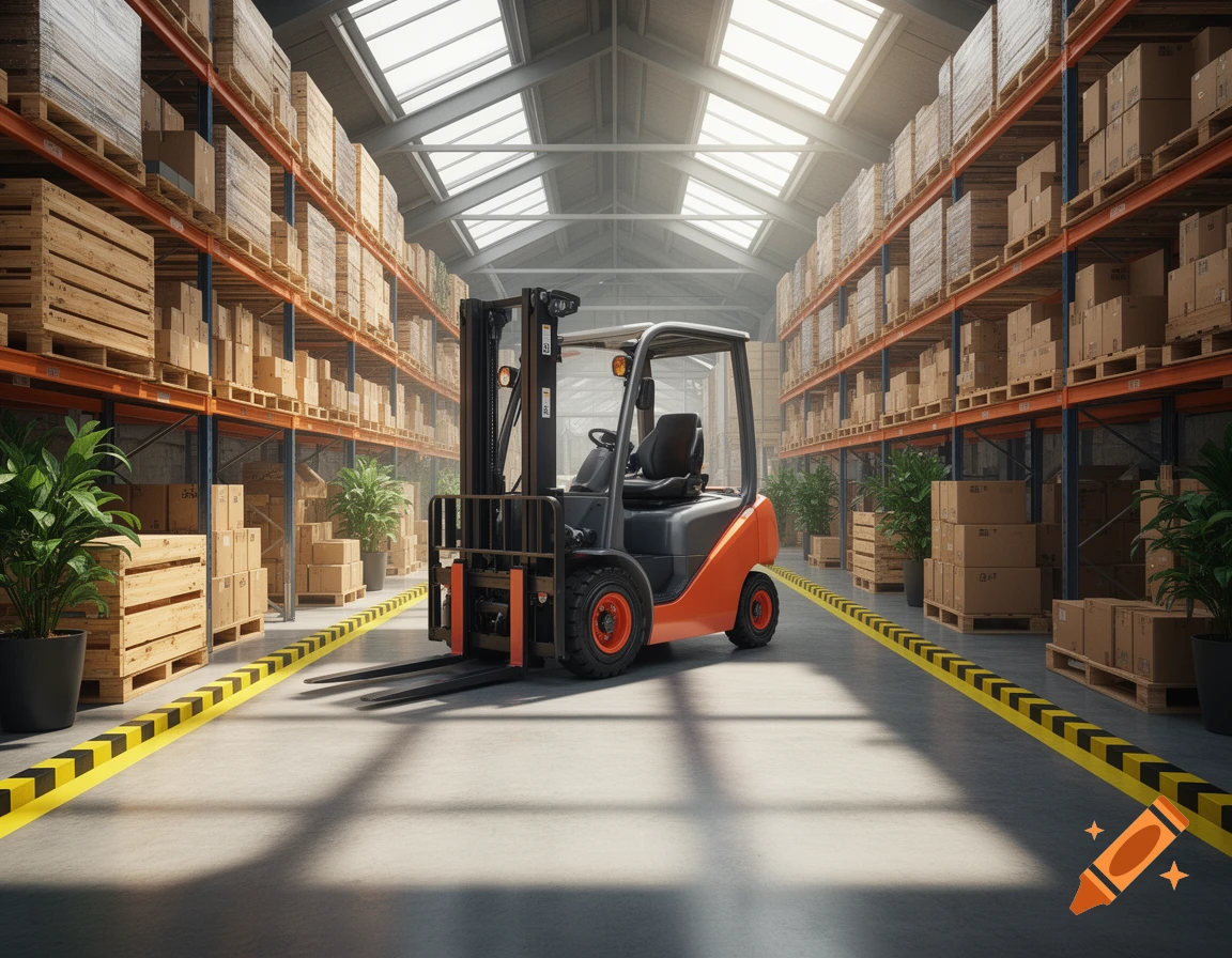 A detailed digital art of an orange and black forklift parked in the center aisle of a large warehouse filled with stacked boxes and pallets on tall shelves.