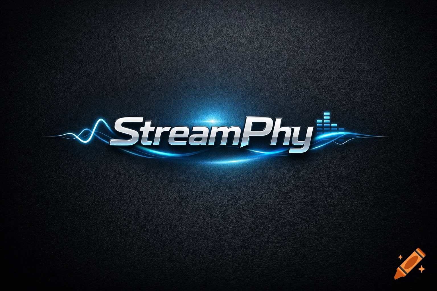 A shiny silver "StreamPhy" logo with blue glowing lines and an equalizer graphic on a dark textured background.