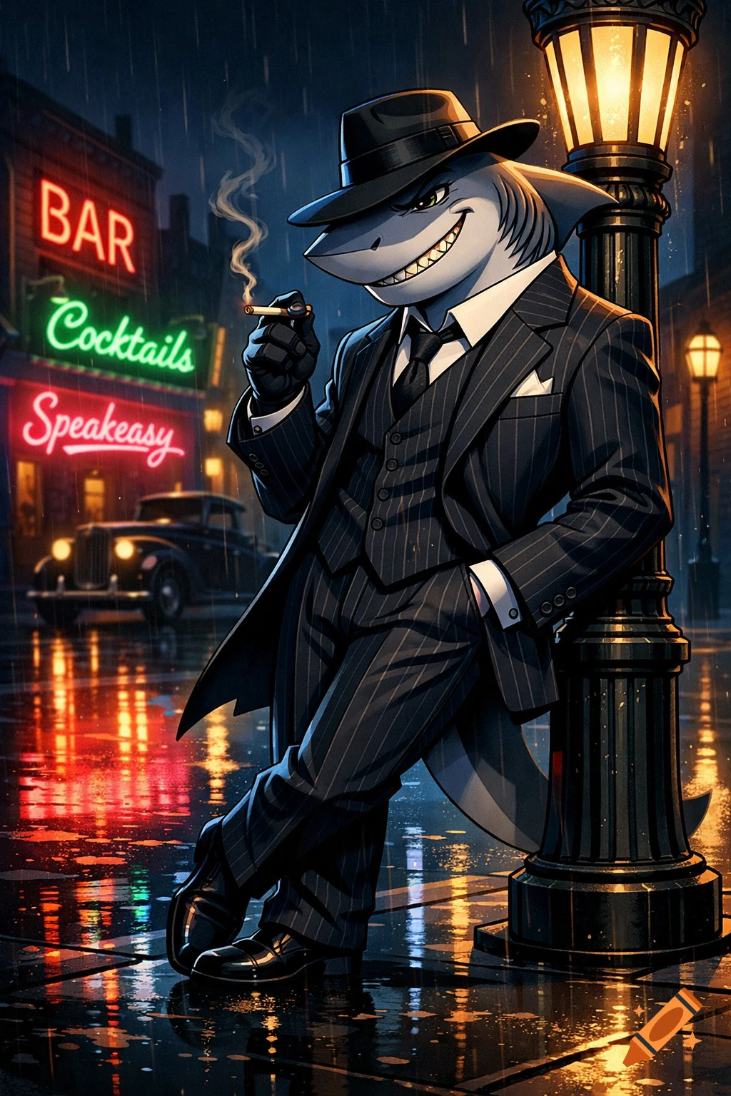 An anthropomorphic shark in a pinstripe suit and fedora smokes a cigar, leaning on a lamppost on a rainy street with neon signs.
