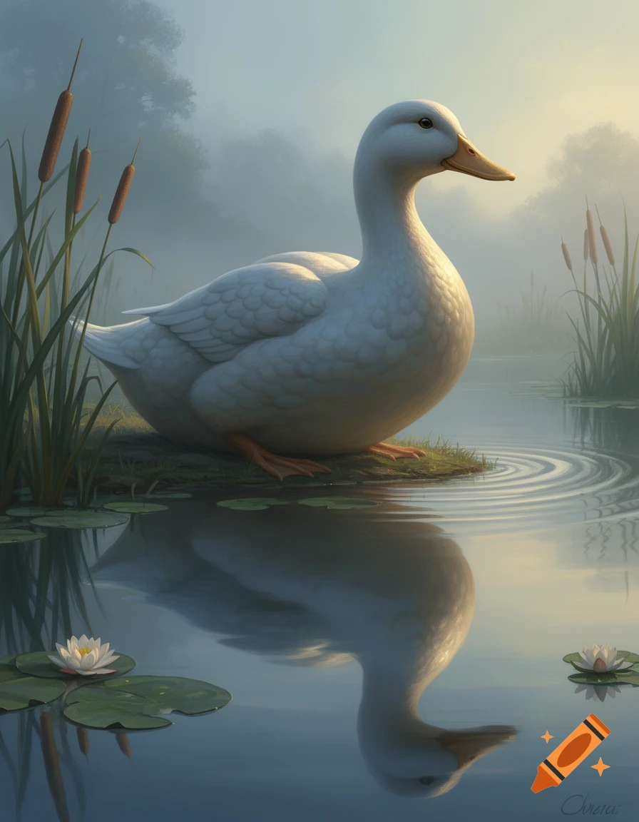 A white duck stands on a grassy patch beside still water with its reflection, surrounded by water lilies and cattails in a misty, ethereal landscape at sunrise.