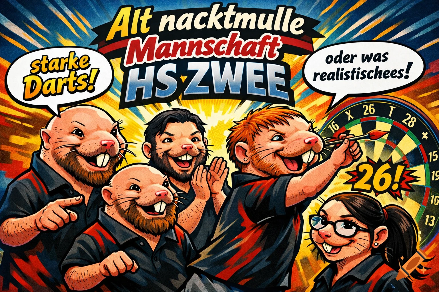 A vibrant comic-style illustration of five anthropomorphic mole-rats in dart polo shirts playing darts, with speech bubbles and a banner.