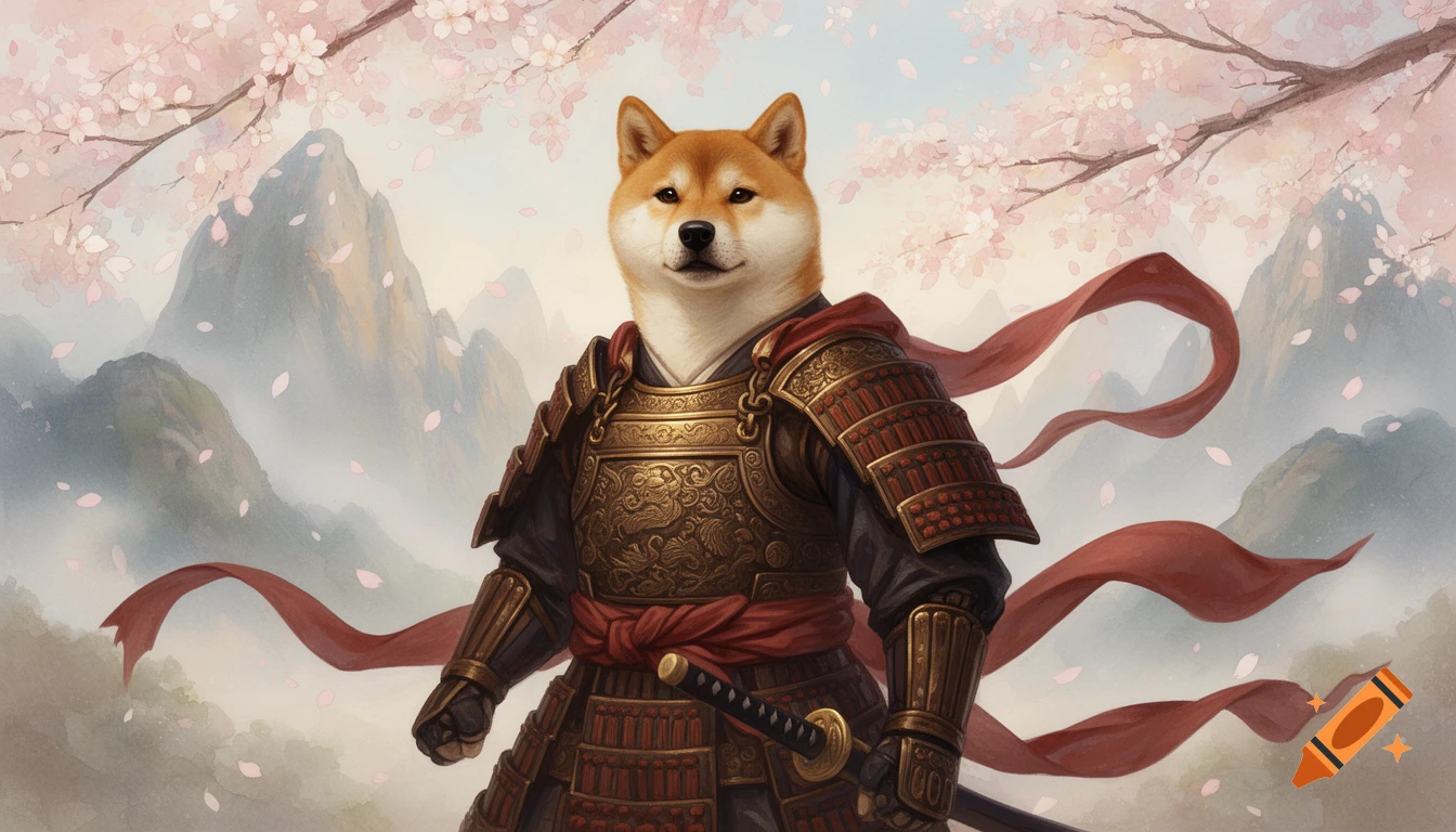 A Shiba Inu dog in samurai armor, holding a katana, standing in a cherry blossom landscape with misty mountains, in a watercolor style.
