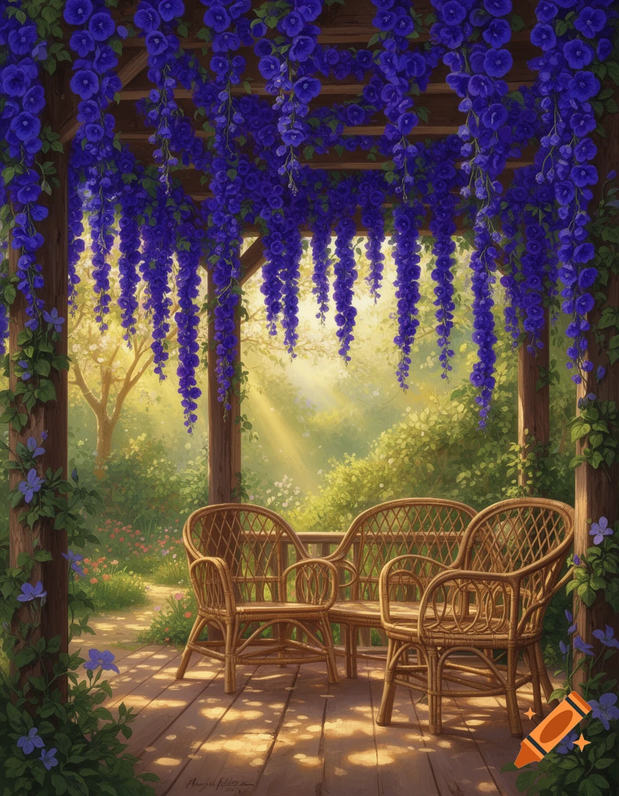 A serene pergola draped with vibrant purple flowers, overlooking a sunny garden with wicker chairs on a wooden deck.