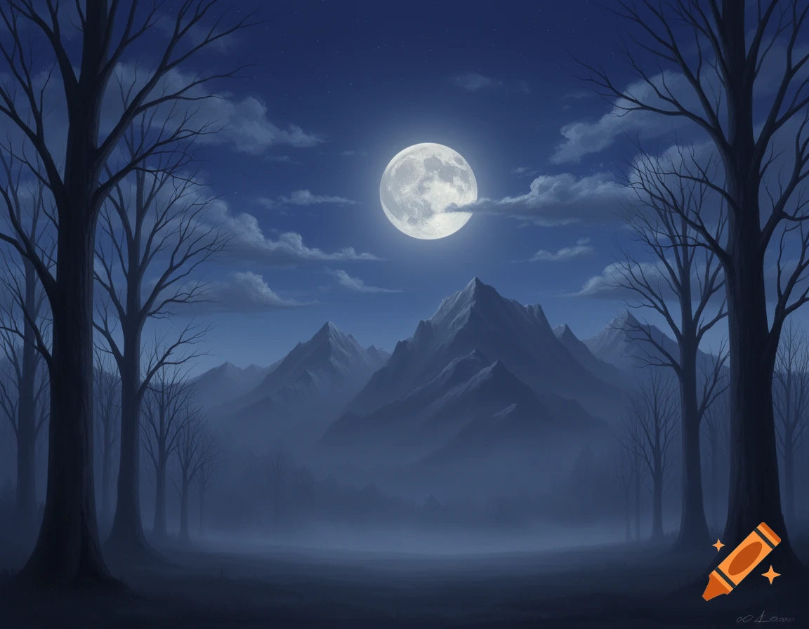 A mystical night landscape with a large full moon illuminating bare ...