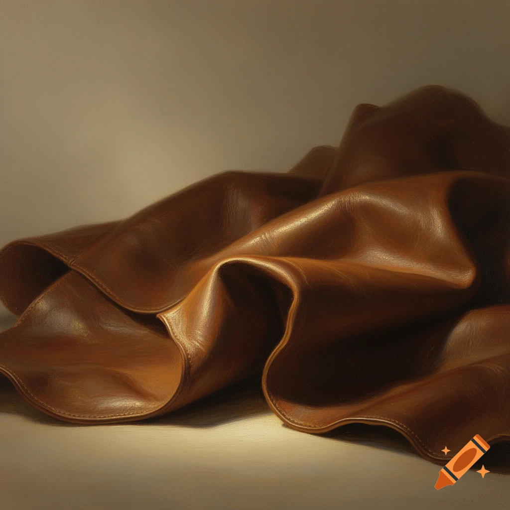 Draped and folded richly textured brown leather fabric, rendered photorealistically.