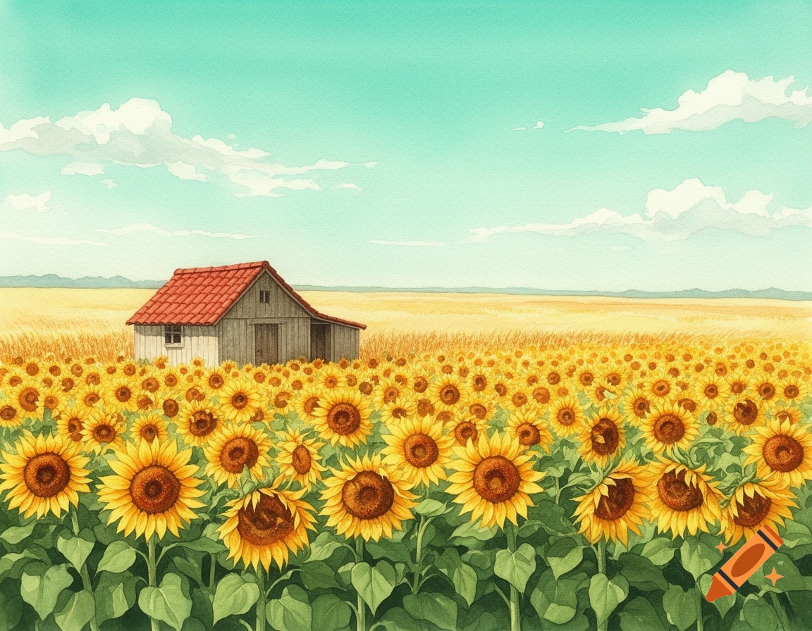 Watercolor painting of a small barn with a red roof in a vibrant sunflower field under a clear blue sky.