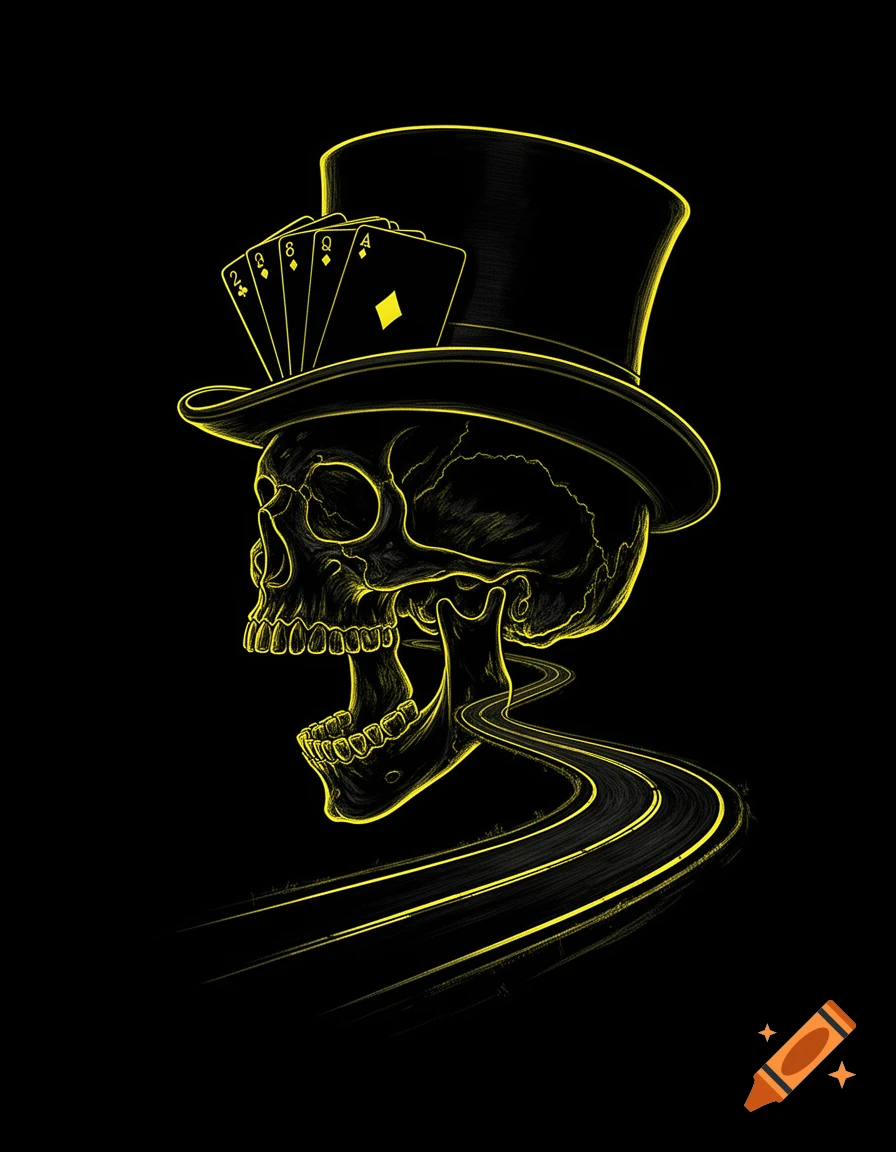 Stylized yellow line art skull in a top hat with playing cards, and a winding road from its mouth on black.