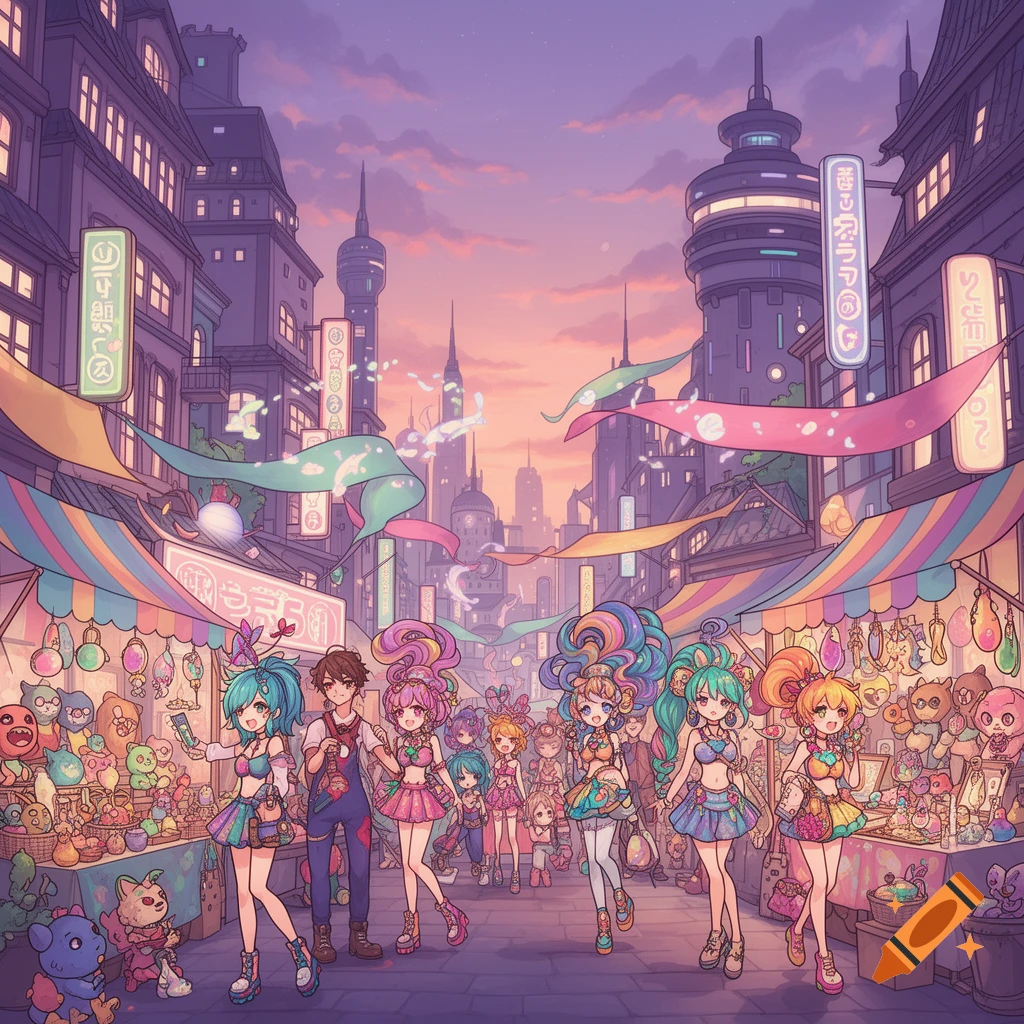 Anime characters stroll through a vibrant, colorful street market filled with stalls, banners, and city buildings at sunset.