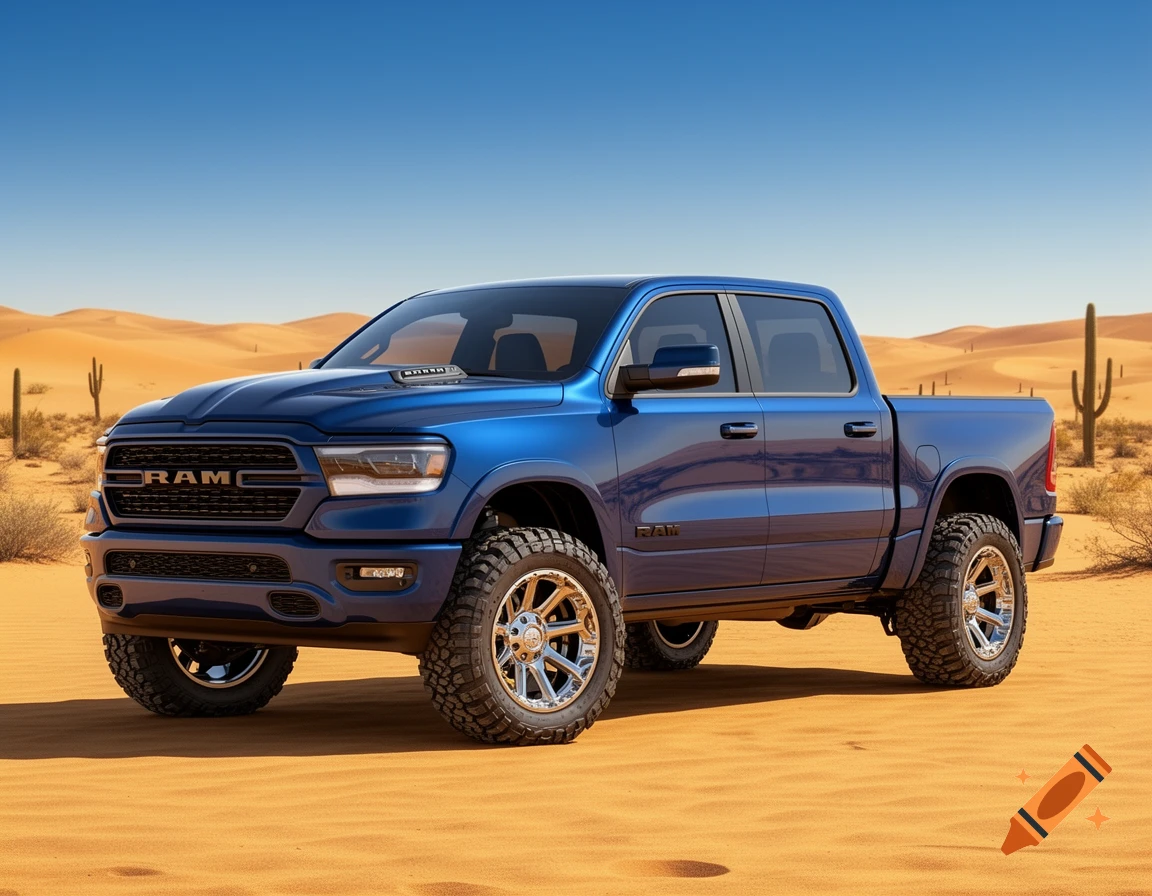 A blue Dodge RAM pickup truck with a lift kit and large wheels in a sandy desert.