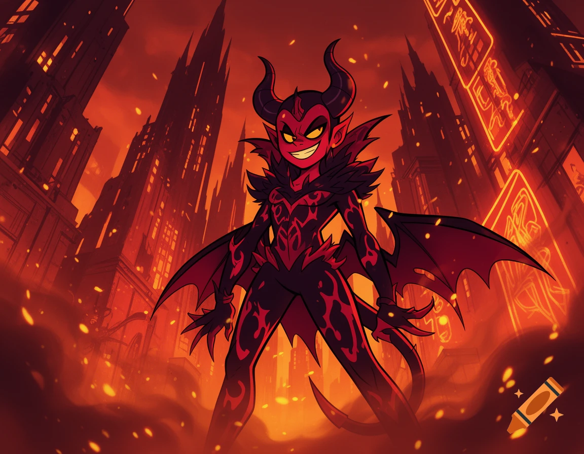 A stylized cartoon demon with horns, red skin, black attire, and bat wings smiles in a fiery, dark city with glowing buildings.