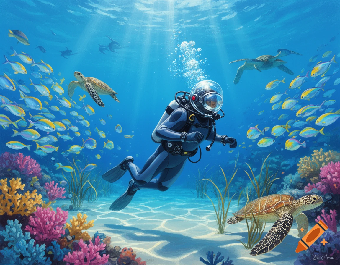 A scuba diver explores a vibrant coral reef teeming with colorful fish and sea turtles under clear blue water with sun rays.