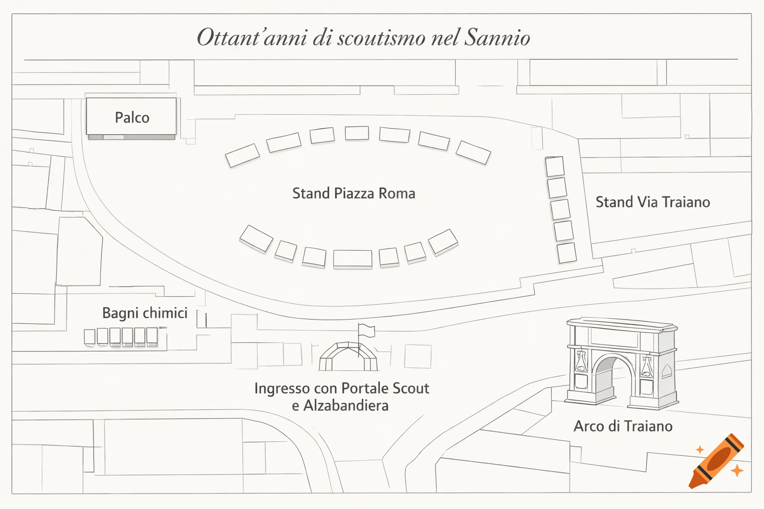 Minimalist technical line drawing site plan of Piazza Roma in Benevento for a public event, labeled in Italian, including the Arch of Trajan.