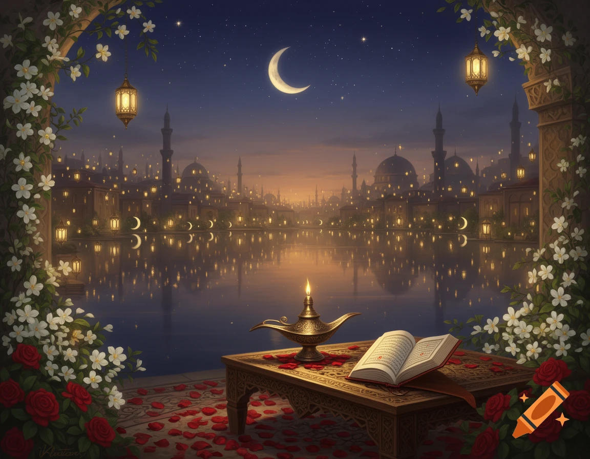 A crescent moon hangs over an illuminated Islamic city reflected in water at dusk, with an open book and lamp on a table framed by flowers.