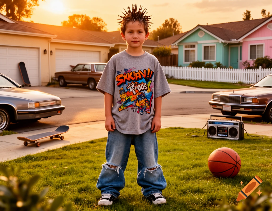 A boy with spiky hair and baggy ripped jeans stands in a suburban street, a skateboard nearby, at sunset.
