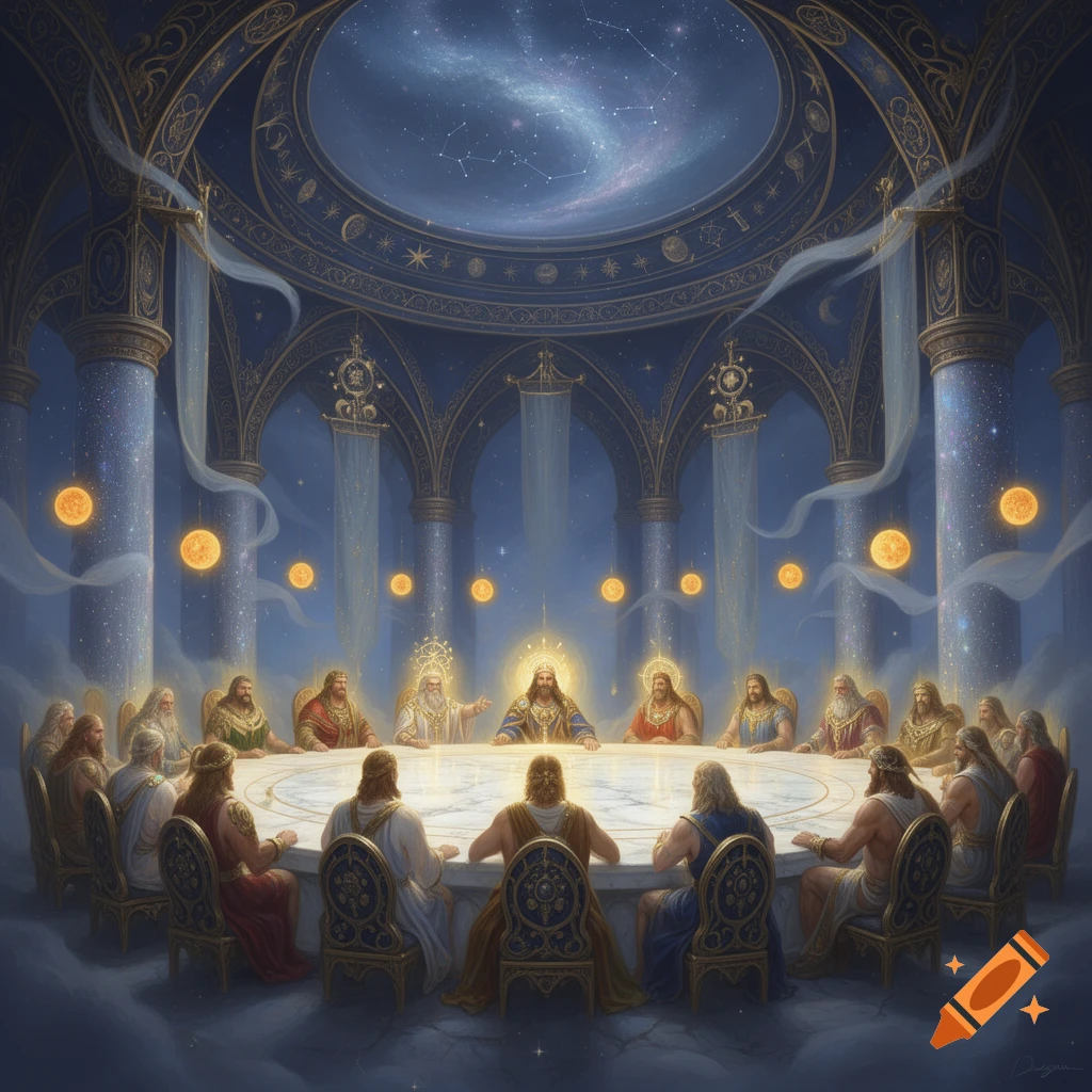 A majestic celestial council of robed, haloed figures at a round table in an ornate hall under a starry, cosmic dome with golden orbs.