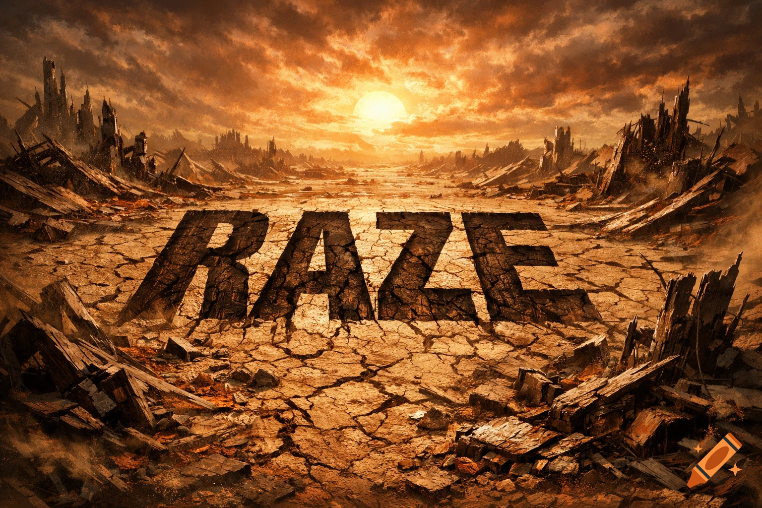 Large text spelling 'RAZE' carved into cracked earth in a desolate, apocalyptic landscape with ruined buildings and a fiery sunset.