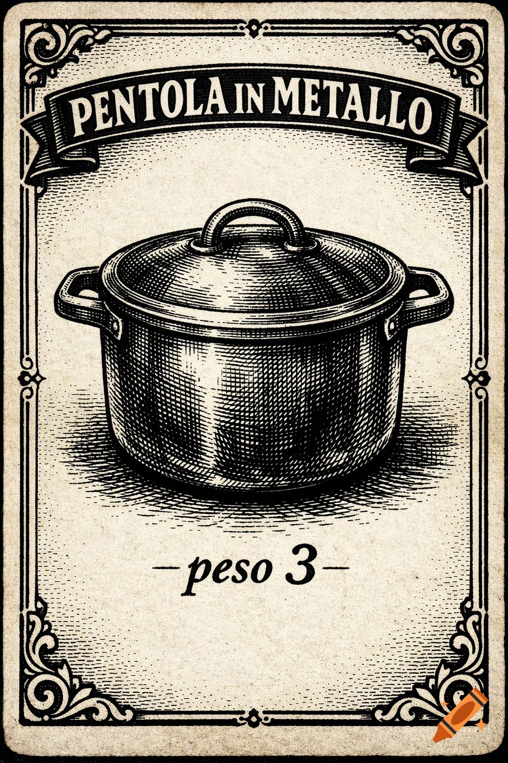 Vintage black and white illustration of a metal cooking pot on a decorative card, with the text "PENTOLA IN METALLO" and "peso 3".