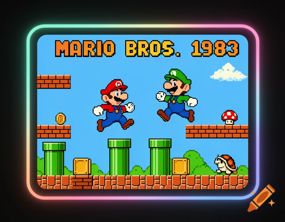 Mario and Luigi jump on platforms in a retro pixel art arcade game screen displaying 'MARIO BROS. 1983' with coins, pipes, and a turtle.
